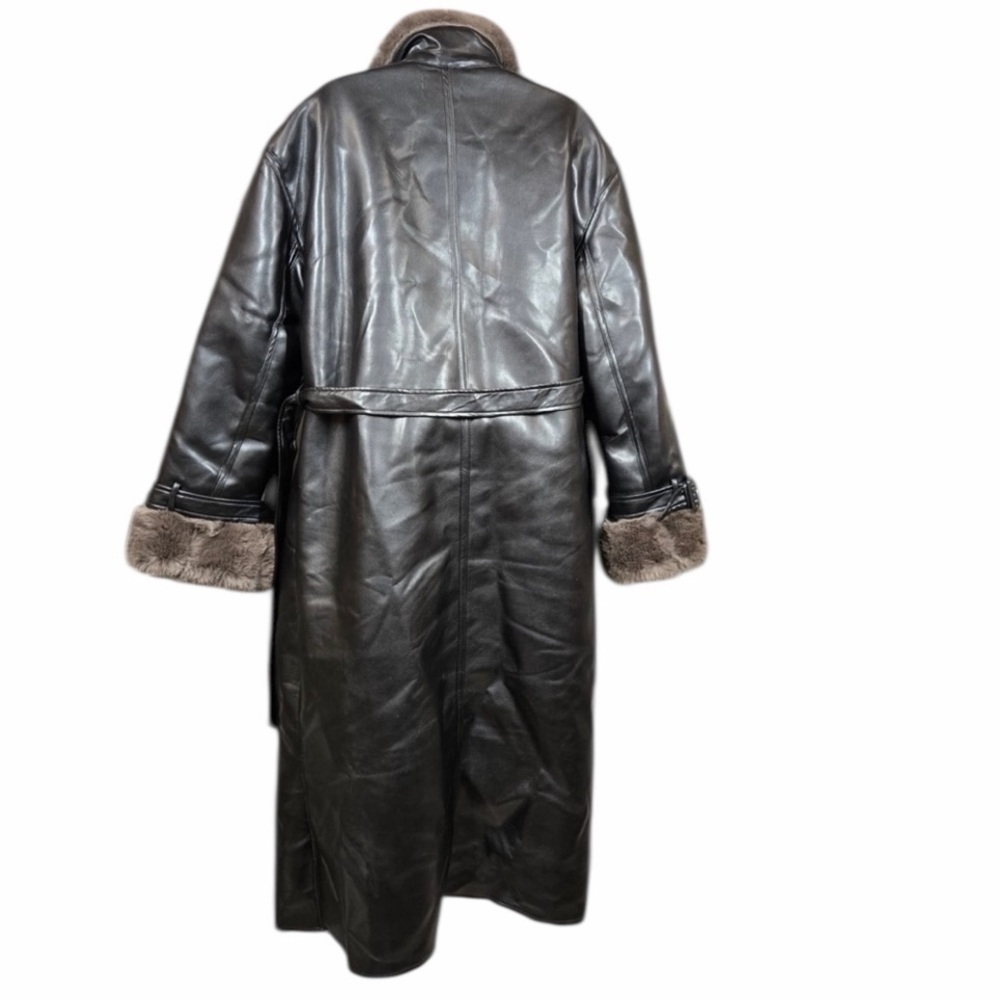 NWT WEWOREWHAT Bonded Faux Fur Trench Coat Vegan Leather Black Carmel 6822 - Picture 5 of 12